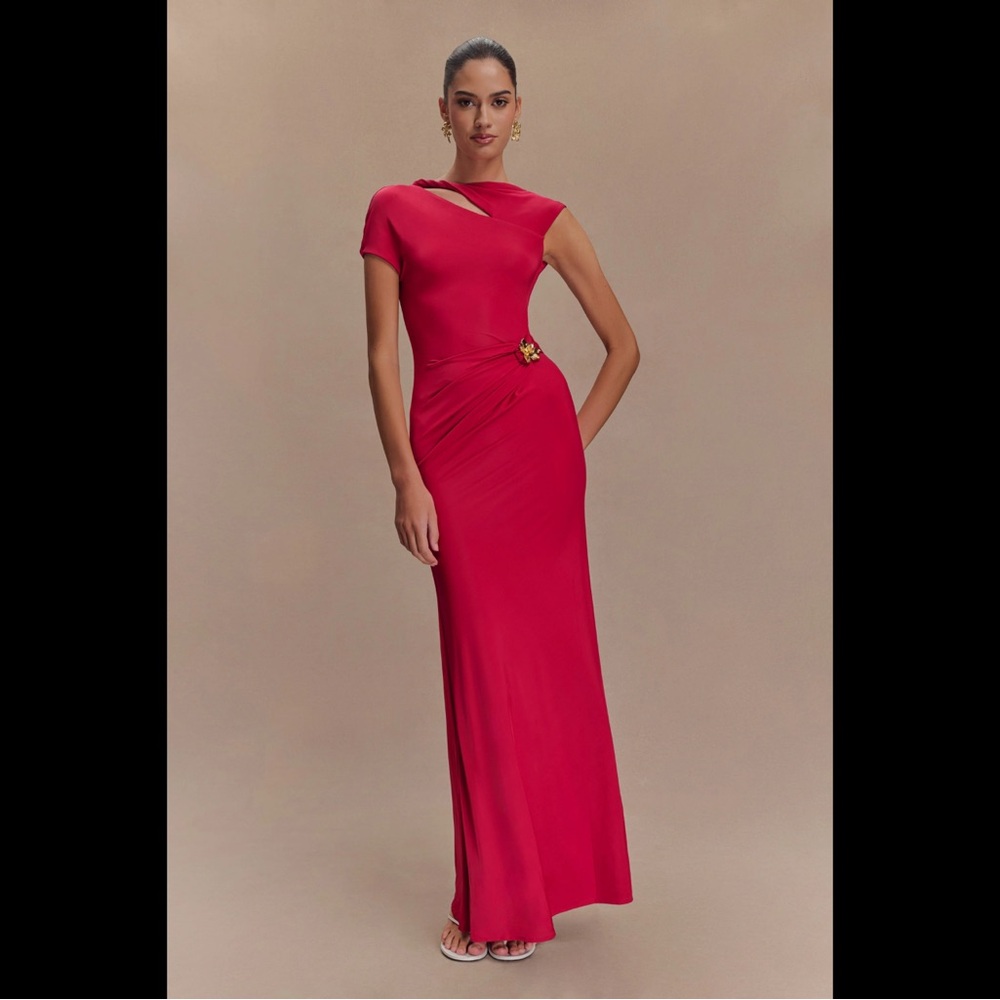 Meshki Red One-Shoulder Maxi Dress with Side Embellishment